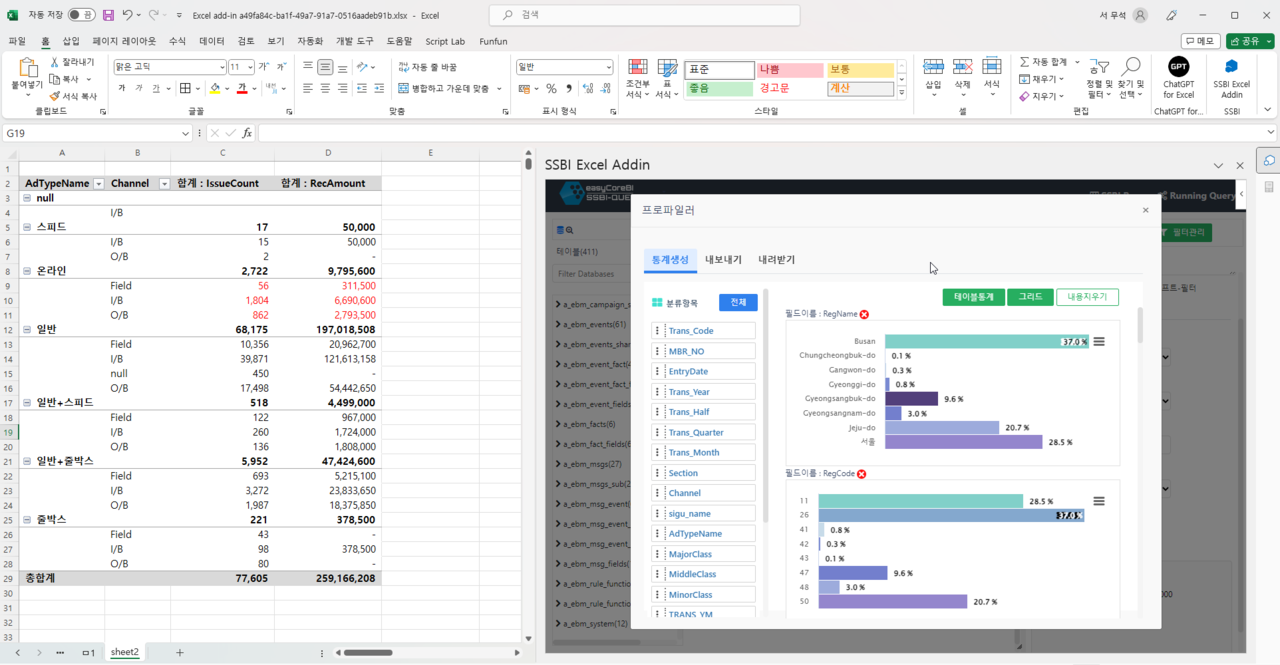 SSBI- Excel-Addin SQL 사용 작성 결과 화면