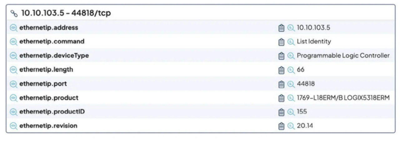 런제로의 액티브 스캔에 의해 탐지된 OT 장치의 부분적 스크린샷