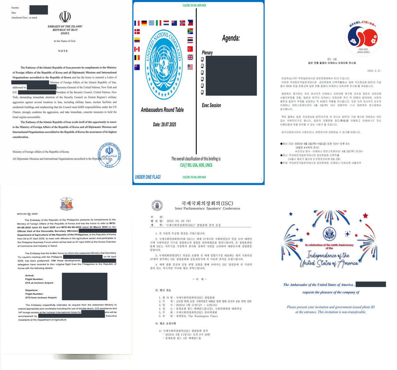 킴수키의 대사관 사이버 스파이 캠페인에 사용된 6개의 미끼 문서 첫 페이지들. 여러 언어로 다양한 주제를 다루고 있음을 알 수 있다. (출처=트렐릭스)